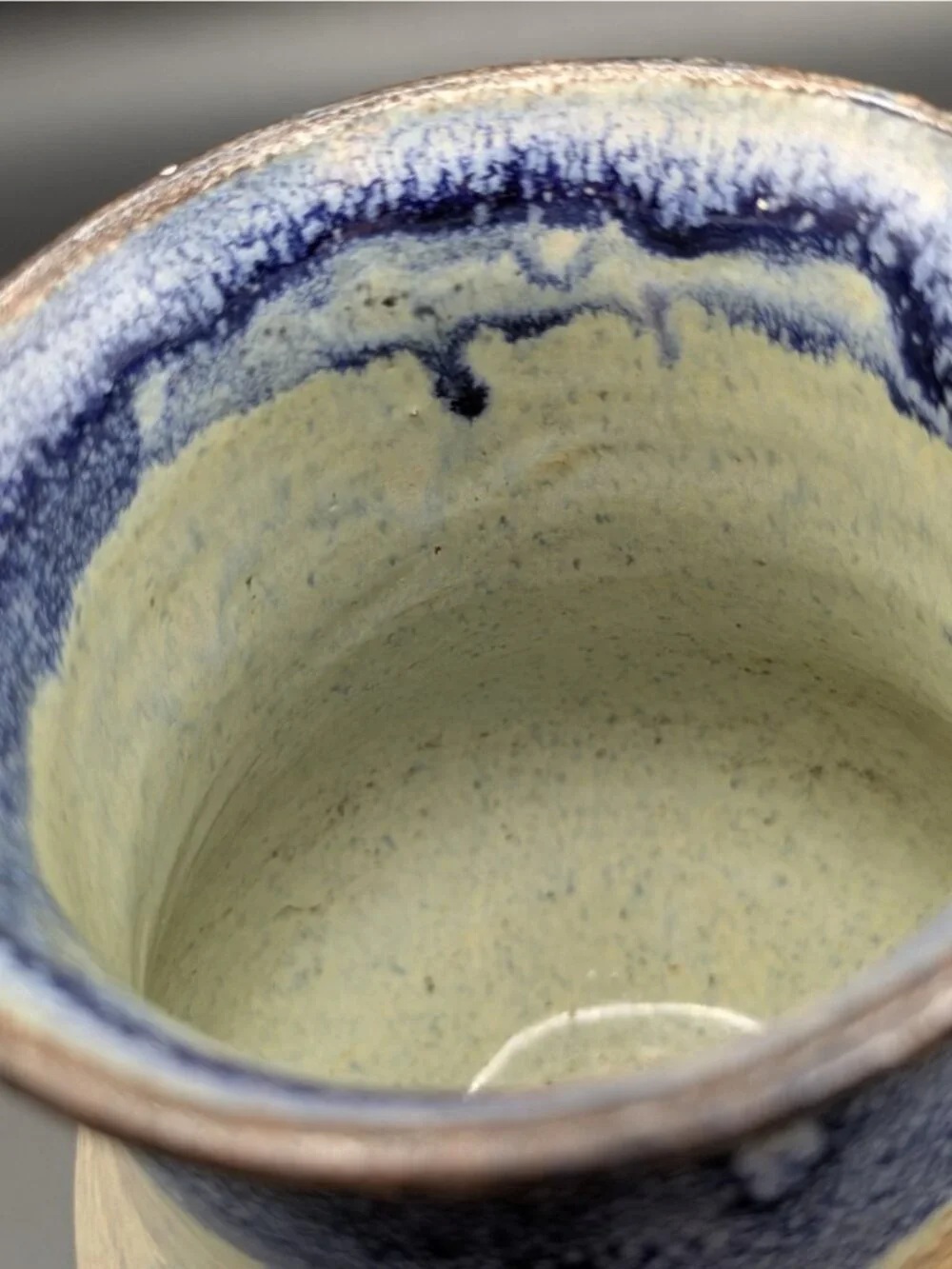 Studio Art Pottery Vase Wide Bottom Blue Glaze Stripe Artist Signed 6.25